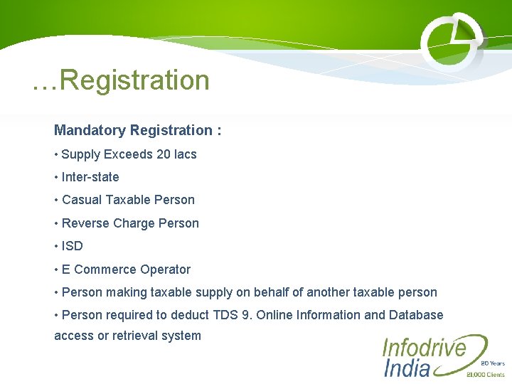 …Registration Mandatory Registration : • Supply Exceeds 20 lacs • Inter-state • Casual Taxable