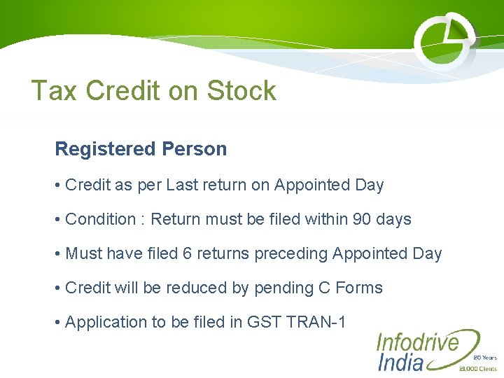Tax Credit on Stock Registered Person • Credit as per Last return on Appointed