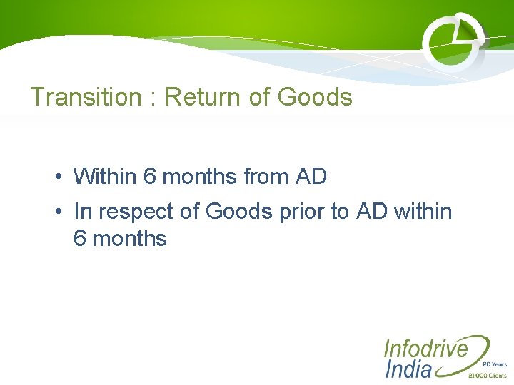 Transition : Return of Goods • Within 6 months from AD • In respect