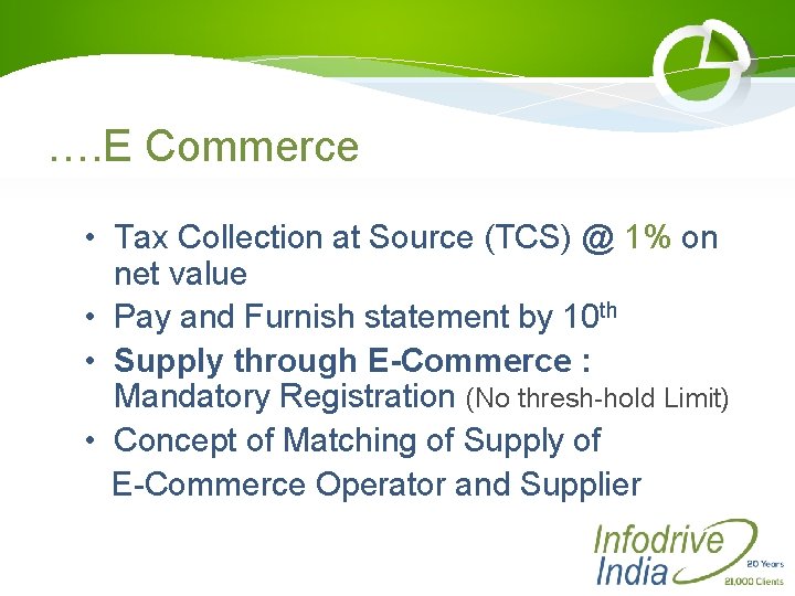 …. E Commerce • Tax Collection at Source (TCS) @ 1% on net value