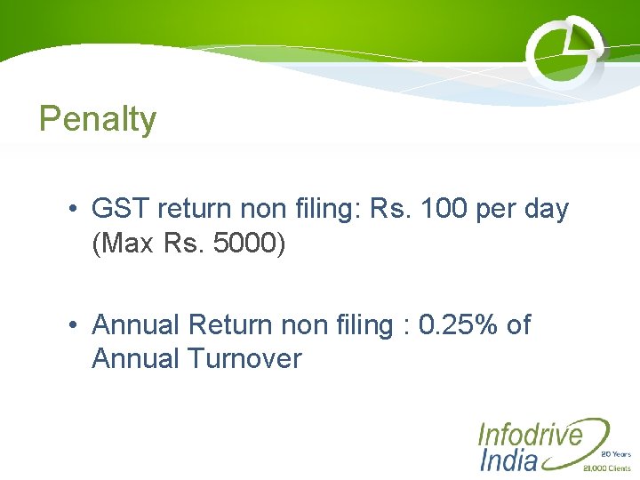 Penalty • GST return non filing: Rs. 100 per day (Max Rs. 5000) •