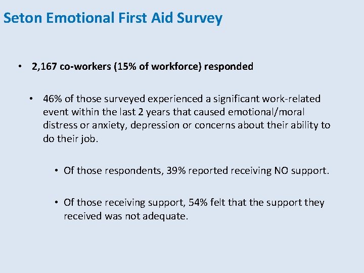 Seton Emotional First Aid Survey • 2, 167 co-workers (15% of workforce) responded •