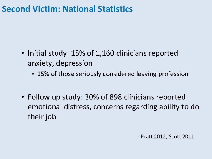 Second Victim: National Statistics • Initial study: 15% of 1, 160 clinicians reported anxiety,
