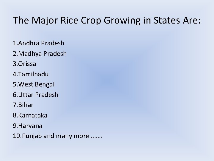 The Major Rice Crop Growing in States Are: 1. Andhra Pradesh 2. Madhya Pradesh