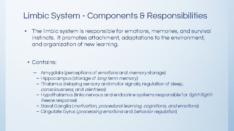 Limbic System - Components & Responsibilities • The limbic system is responsible for emotions, Limbic System - Components & Responsibilities • The limbic system is responsible for emotions,