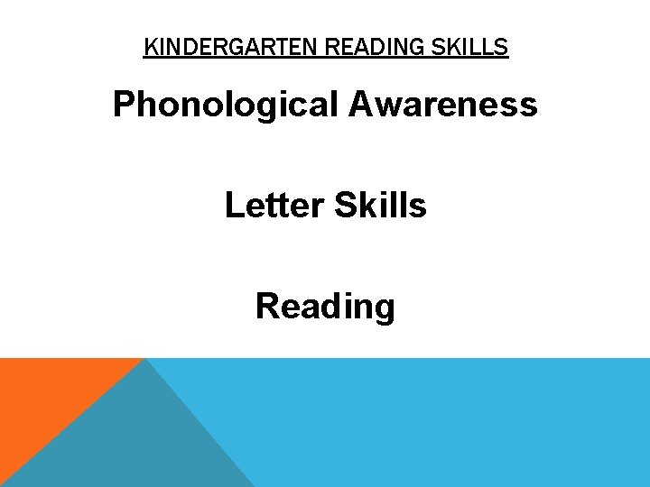 KINDERGARTEN READING SKILLS Phonological Awareness Letter Skills Reading 