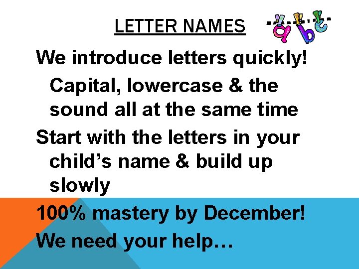 LETTER NAMES We introduce letters quickly! Capital, lowercase & the sound all at the