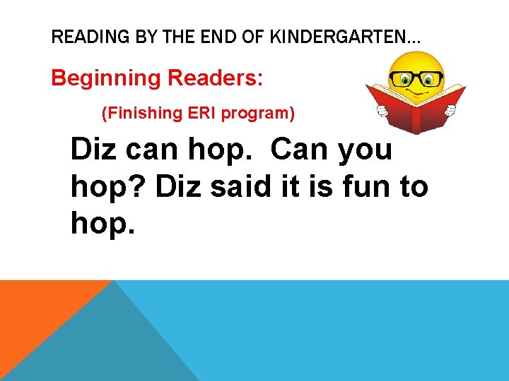 READING BY THE END OF KINDERGARTEN… Beginning Readers: (Finishing ERI program) Diz can hop.