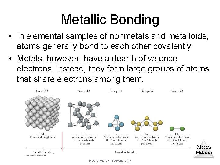 Metallic Bonding • In elemental samples of nonmetals and metalloids, atoms generally bond to