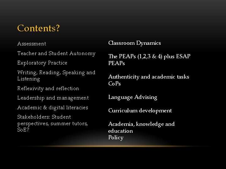 Contents? Assessment Teacher and Student Autonomy Exploratory Practice Writing, Reading, Speaking and Listening Reflexivity