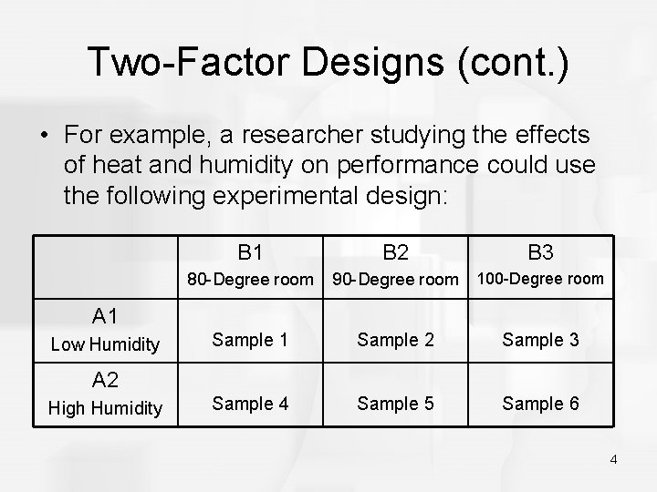 Two-Factor Designs (cont. ) • For example, a researcher studying the effects of heat
