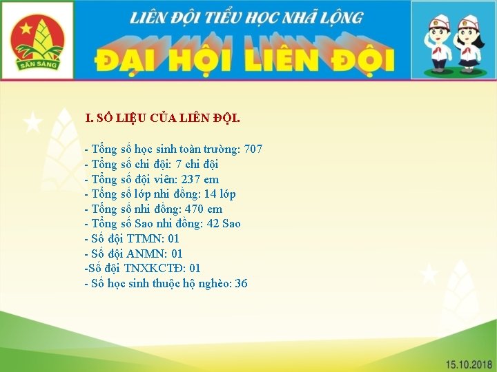 I. SỐ LIỆU CỦA LIÊN ĐỘI. - Tổng số học sinh toàn trường: 707