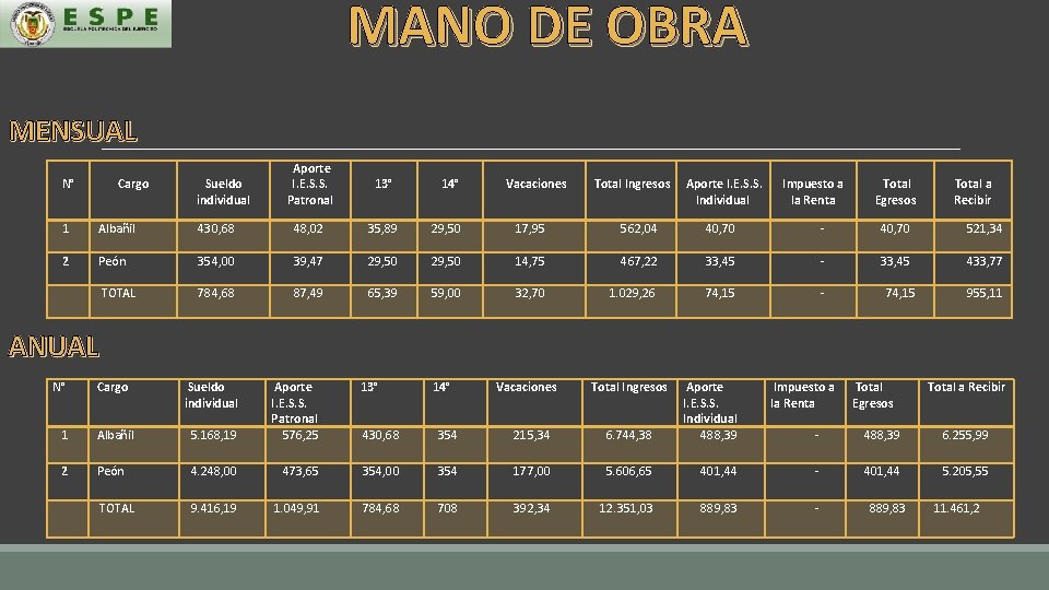 MANO DE OBRA MENSUAL N° Cargo Sueldo individual Aporte I. E. S. S. Patronal