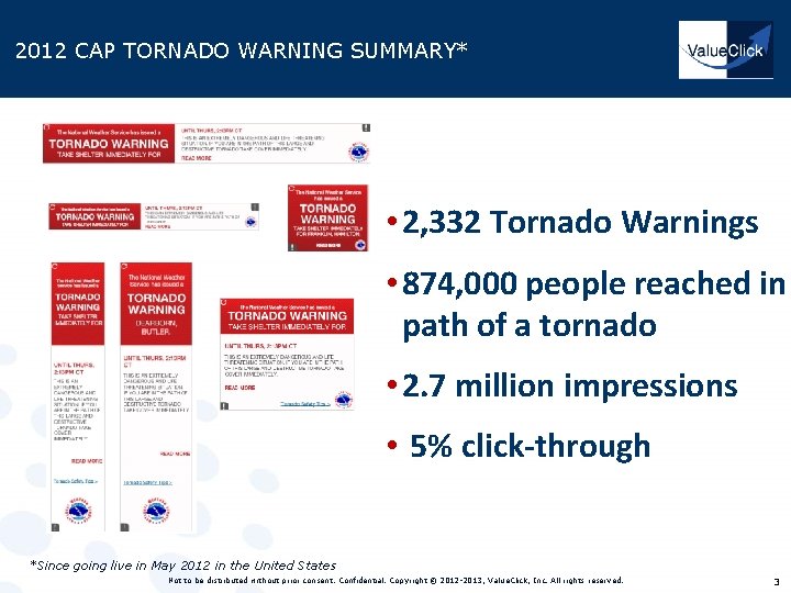 2012 CAP TORNADO WARNING SUMMARY* • 2, 332 Tornado Warnings • 874, 000 people