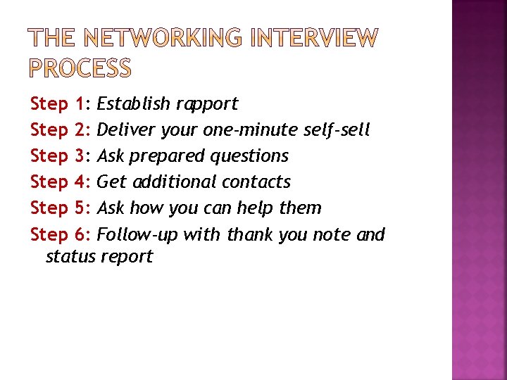 Step 1: Establish rapport Step 2: Deliver your one-minute self-sell Step 3: Ask prepared