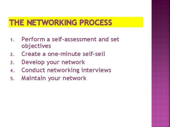 THE NETWORKING PROCESS 1. 2. 3. 4. 5. Perform a self-assessment and set objectives