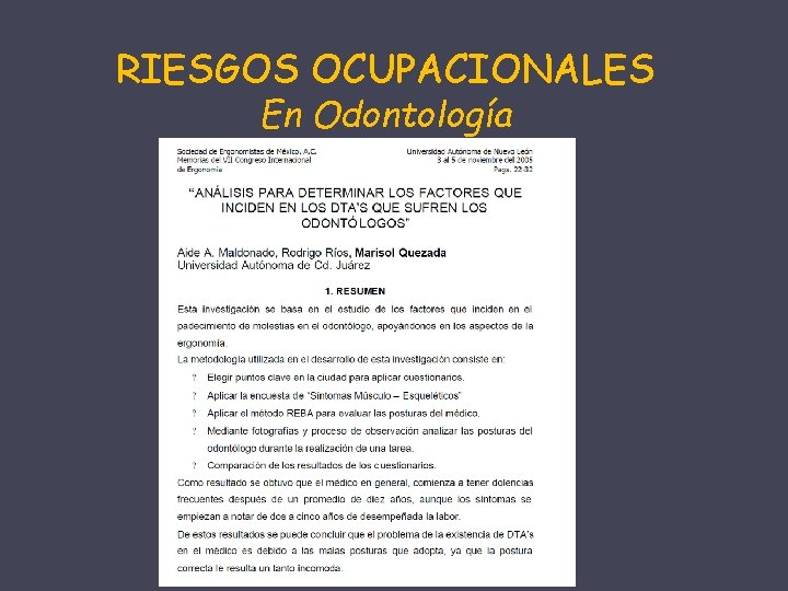 RIESGOS OCUPACIONALES En Odontología 