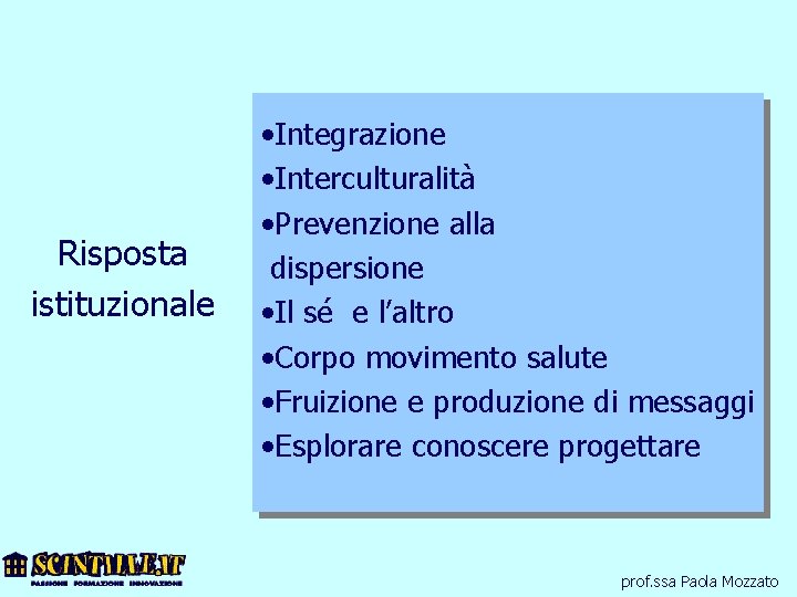 Risposta istituzionale • Integrazione • Interculturalità • Prevenzione alla dispersione • Il sé e