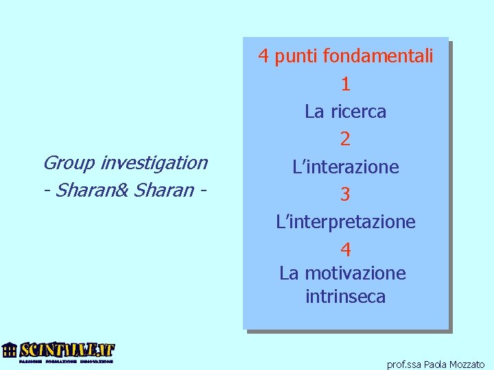 Group investigation - Sharan& Sharan - 4 punti fondamentali 1 La ricerca 2 L’interazione