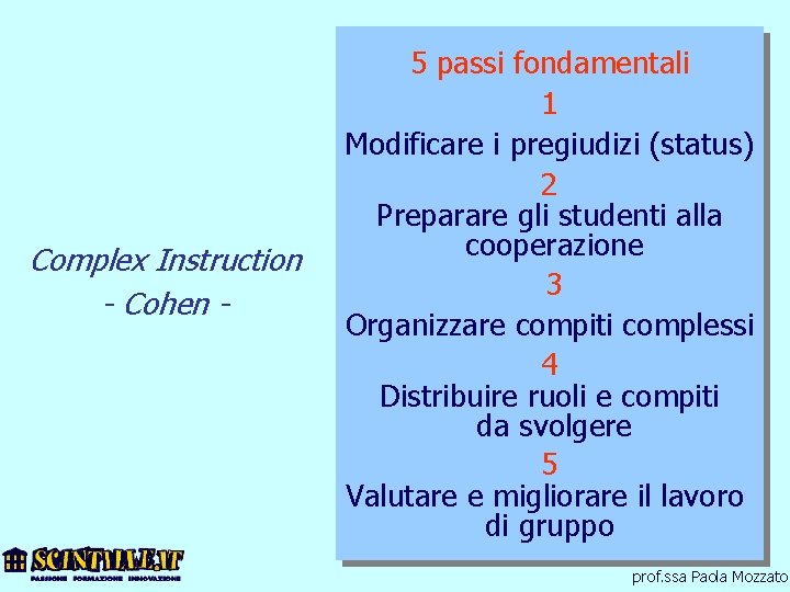 Complex Instruction - Cohen - 5 passi fondamentali 1 Modificare i pregiudizi (status) 2