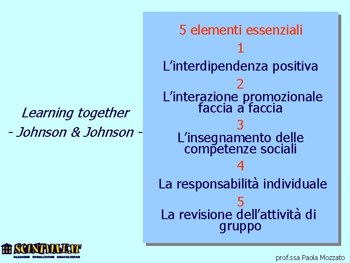 Learning together - Johnson & Johnson - 5 elementi essenziali 1 L’interdipendenza positiva 2