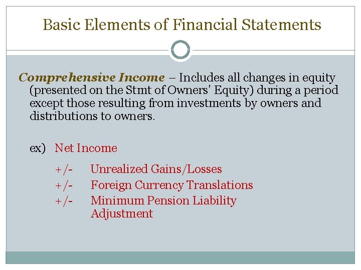 Basic Elements of Financial Statements Comprehensive Income – Includes all changes in equity (presented