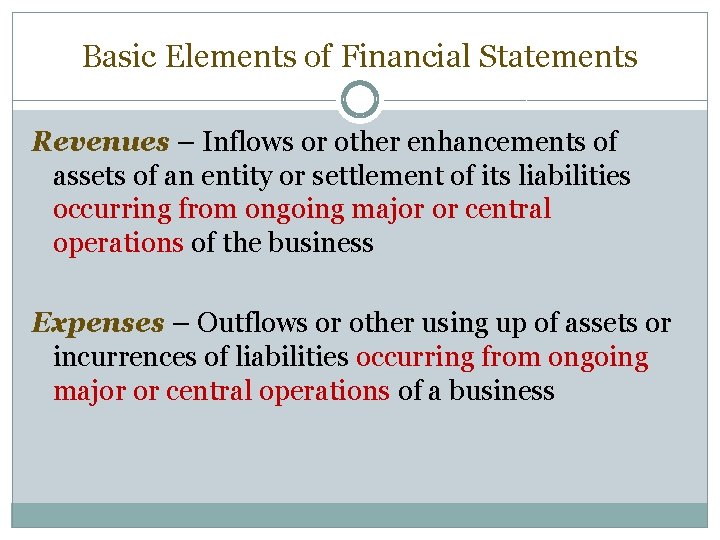 Basic Elements of Financial Statements Revenues – Inflows or other enhancements of assets of