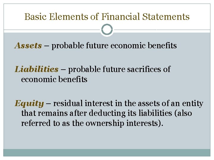 Basic Elements of Financial Statements Assets – probable future economic benefits Liabilities – probable