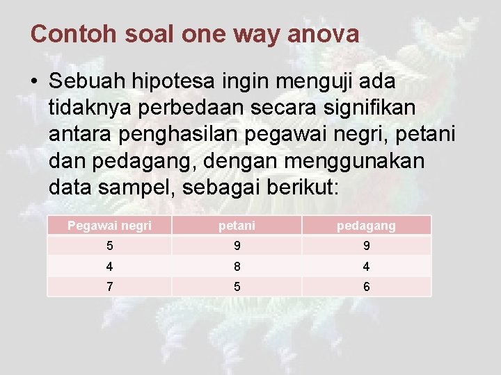 Contoh soal one way anova • Sebuah hipotesa ingin menguji ada tidaknya perbedaan secara