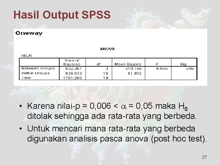 Hasil Output SPSS • Karena nilai-p = 0, 006 < = 0, 05 maka
