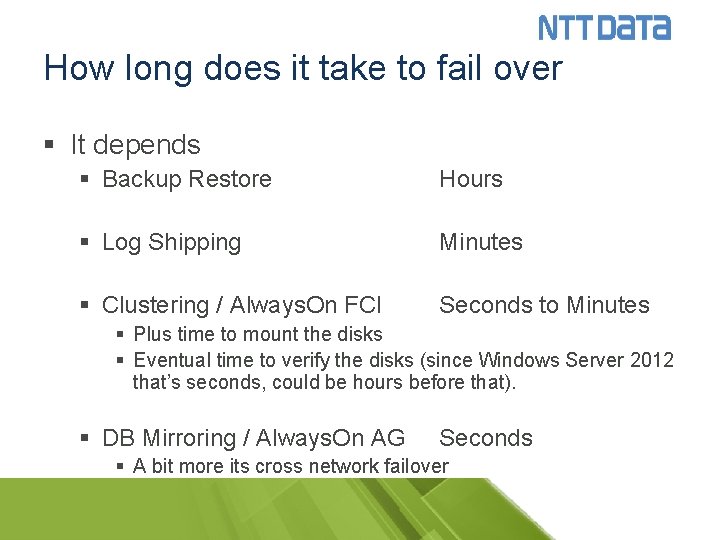 How long does it take to fail over § It depends § Backup Restore