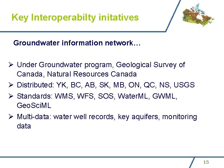 Key Interoperabilty initatives Groundwater information network… Ø Under Groundwater program, Geological Survey of Canada,