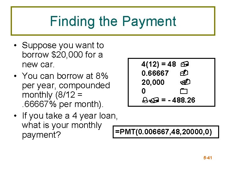 Finding the Payment • Suppose you want to borrow $20, 000 for a 4(12)