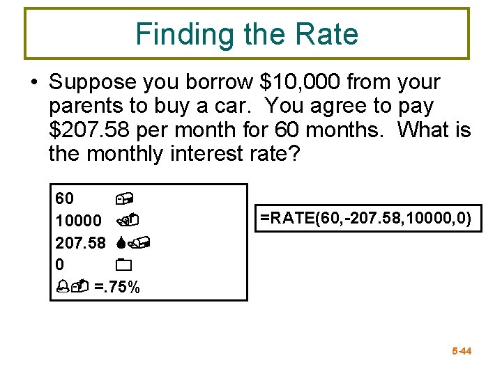 Finding the Rate • Suppose you borrow $10, 000 from your parents to buy