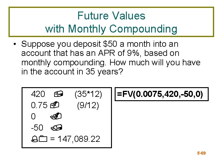 Future Values with Monthly Compounding • Suppose you deposit $50 a month into an