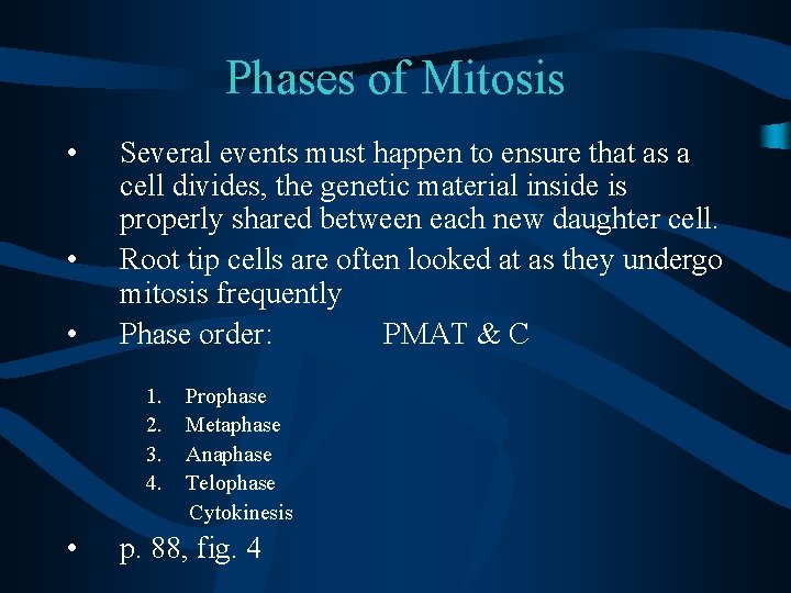 Phases of Mitosis • • • Several events must happen to ensure that as
