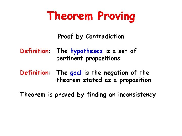 Theorem Proving Proof by Contradiction Definition: The hypotheses is a set of pertinent propositions