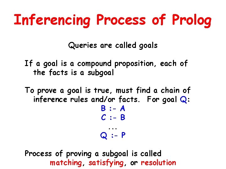 Inferencing Process of Prolog Queries are called goals If a goal is a compound