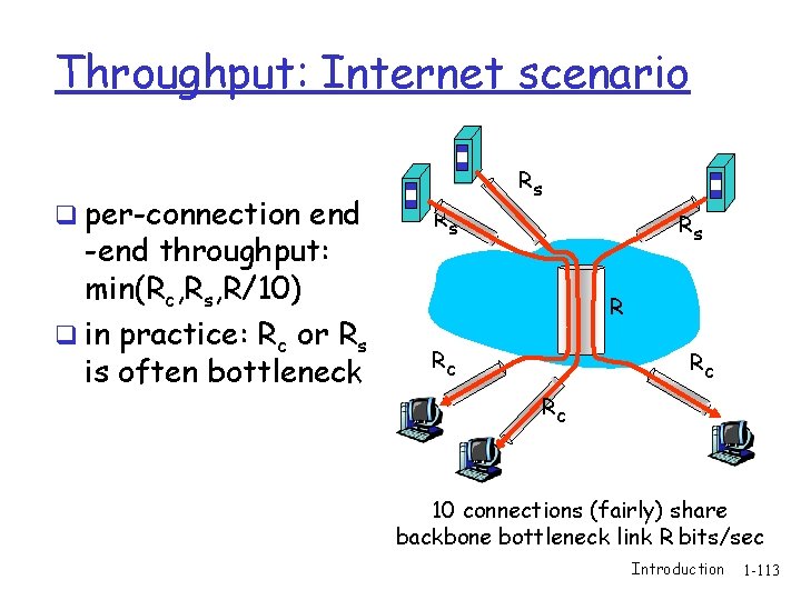 Throughput: Internet scenario q per-connection end -end throughput: min(Rc, Rs, R/10) q in practice: