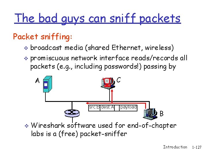 The bad guys can sniff packets Packet sniffing: broadcast media (shared Ethernet, wireless) v