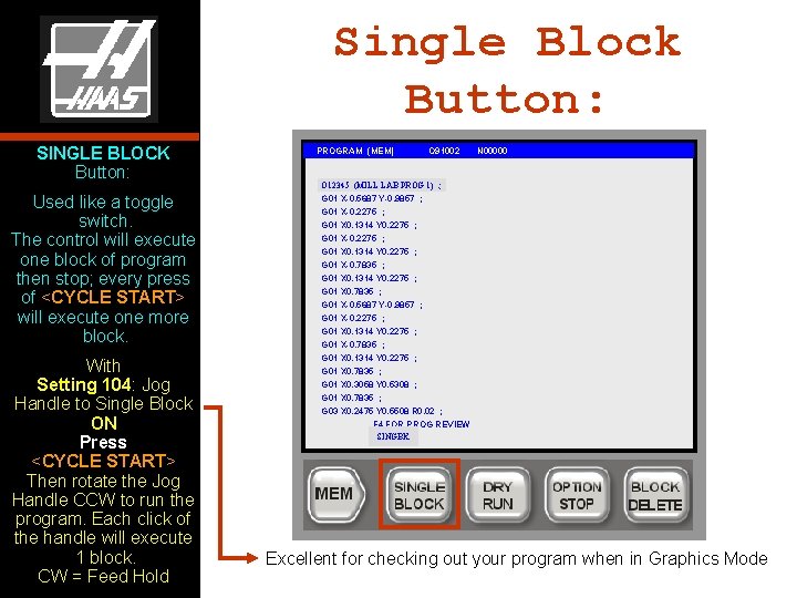 Single Block Button: SINGLE BLOCK Button: Used like a toggle switch. The control will