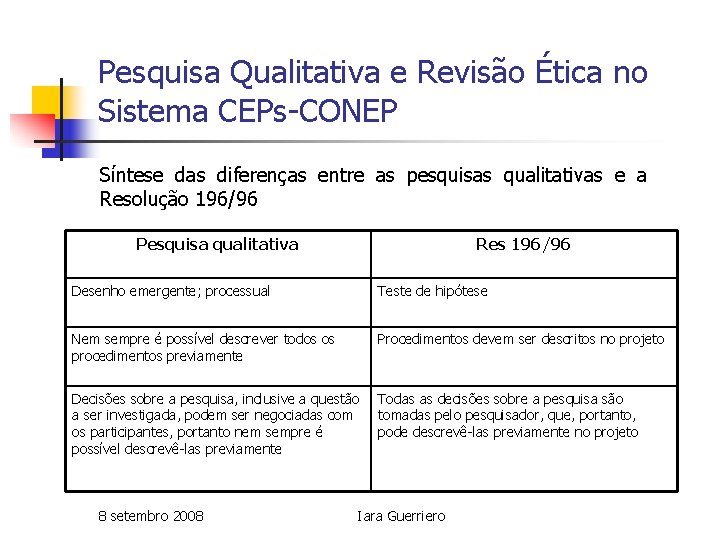 Pesquisa Qualitativa e Revisão Ética no Sistema CEPs-CONEP Síntese das diferenças entre as pesquisas