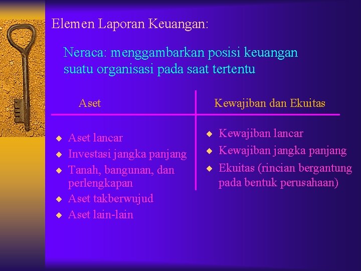 Elemen Laporan Keuangan: Neraca: menggambarkan posisi keuangan suatu organisasi pada saat tertentu Aset ¨