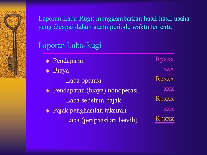 Laporan Laba-Rugi: menggambarkan hasil-hasil usaha yang dicapai dalam suatu periode waktu tertentu Laporan Laba-Rugi