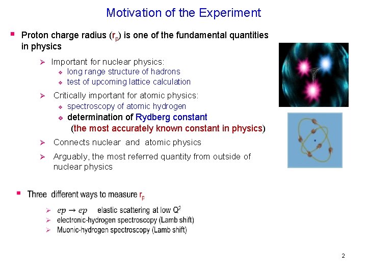 Motivation of the Experiment § Proton charge radius (rp) is one of the fundamental