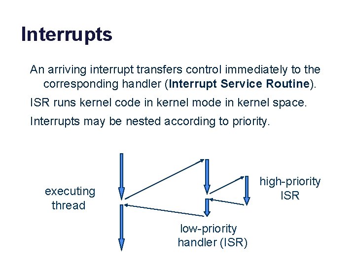 Interrupts An arriving interrupt transfers control immediately to the corresponding handler (Interrupt Service Routine). Interrupts An arriving interrupt transfers control immediately to the corresponding handler (Interrupt Service Routine).