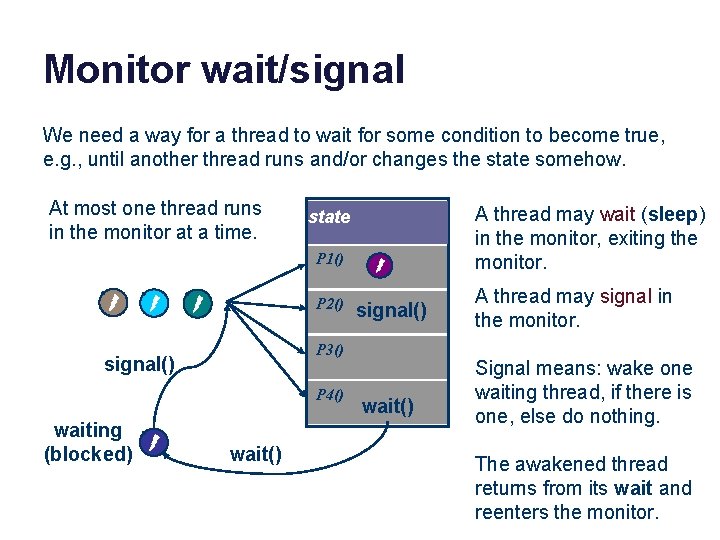 Monitor wait/signal We need a way for a thread to wait for some condition