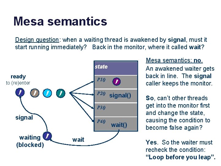 Mesa semantics Design question: when a waiting thread is awakened by signal, must it Mesa semantics Design question: when a waiting thread is awakened by signal, must it