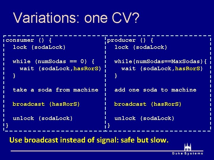 Variations: one CV? consumer () { lock (soda. Lock) } producer () { lock