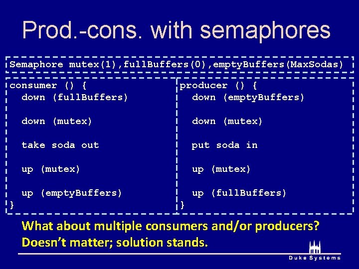 Prod. -cons. with semaphores Semaphore mutex(1), full. Buffers(0), empty. Buffers(Max. Sodas) consumer () {